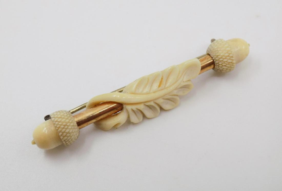 Vintage Carved Brooch with 14KT Gold, Carved Leaf and: Vintage Carved Brooch with 14KT Gold, Carved Leaf and Acorn Design, Dimensions: 2 1/4" x 1/2"
