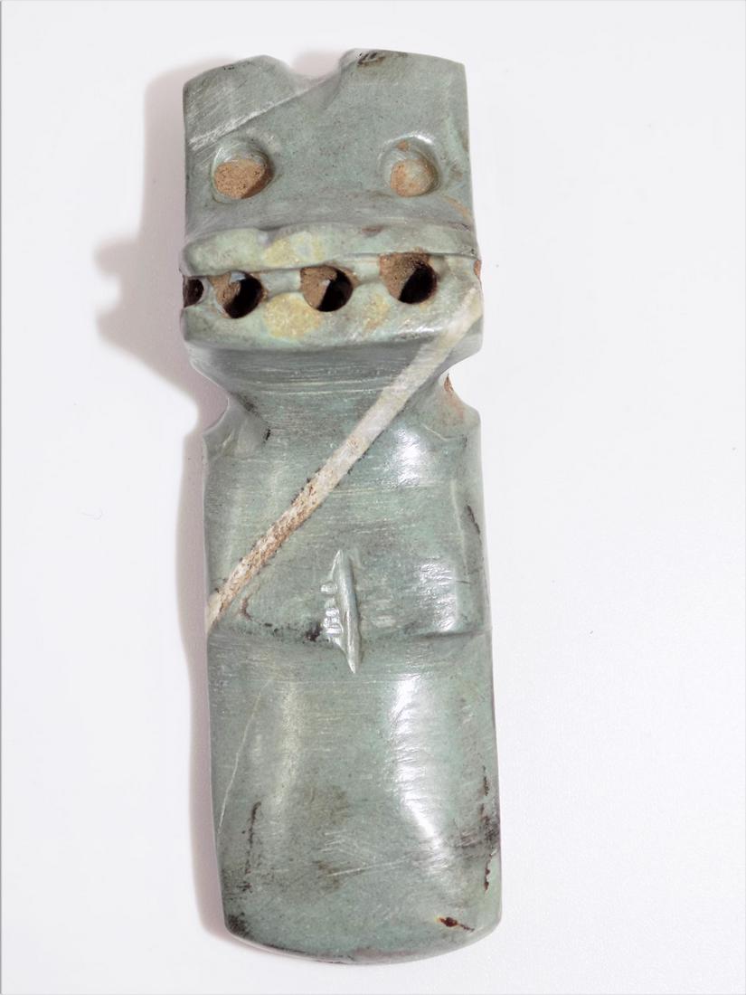 Pre-Columbian Green Stone Anthromorphic Axe God,: Pre-Columbian Green Stone Anthromorphic Axe God, Intricately Detailed Green Stone Axe God, Unique and Rare, Origin: Costa Rica, Age: 500-800 A.D., Dimensions: 2 7/8" x 7/8"