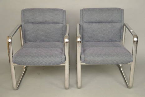 MCM Pr. Chrome / upholstered arm chairs, Thomas Ruff: Pr. Chrome- Upholstered arm chairs, Thomas Ruff & Co. 30 x 25 x 25 inches