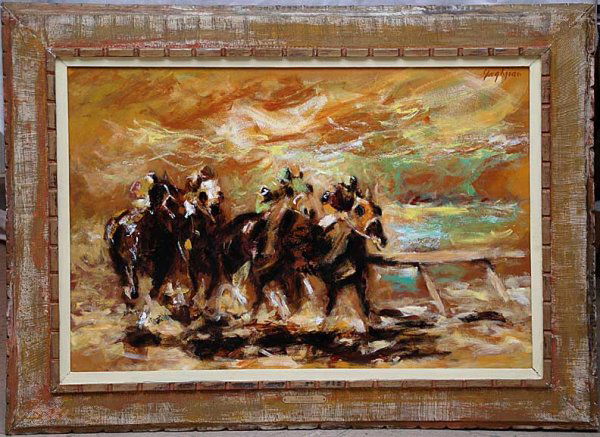 Edmund Yaghjian (1905-1997) oil on canvas, horse ra: Edmund Yaghjian (1905-1997) oil on canvas, horse race, signed upper right, 22" x 32"