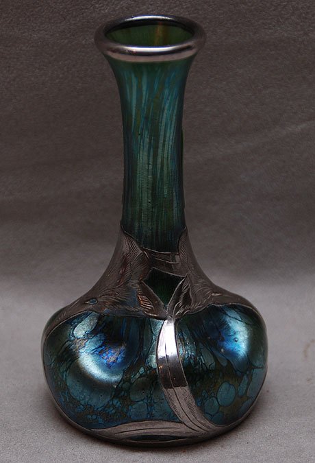 Green Loetz cabinet vase with sterling overly, 5"h: Green Loetz cabinet vase with sterling overly, 5"h