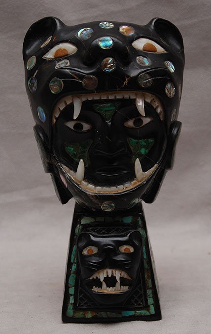Vintage carved and inlaid Aztec god/king marble/mo: Vintage carved and inlaid Aztec god/king marble/mother of pearl