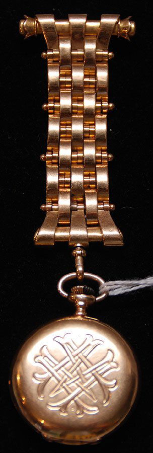 Ladies Patek Philippe pocket watch, engraved with: Ladies Patek Philippe pocket watch, engraved with monogram, dedication inside, stamped 18kt yellow, No.67287, dated 1883, bracelet fob tests 18kt, 36.2dwt