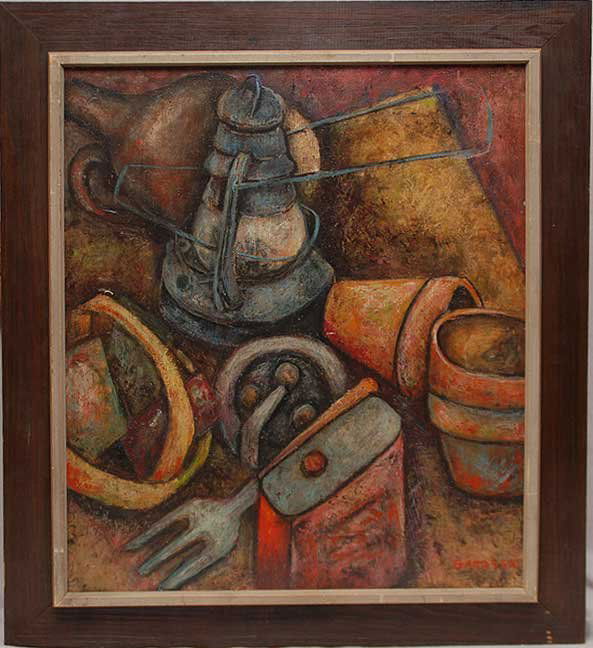 Fred Gardner (AMERICAN, 1880-1952) oil on board, a: Fred Gardner (AMERICAN, 1880-1952) oil on board, abstract table setting, 24" x 20"