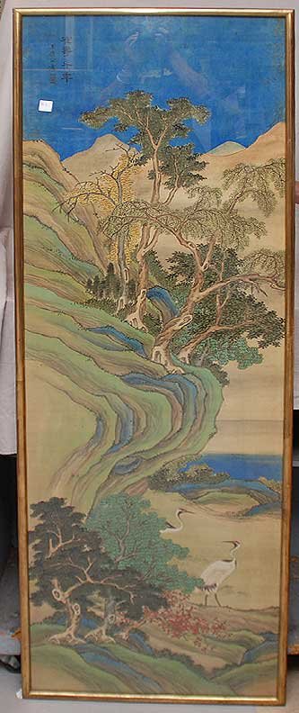 Large Oriental Watercolor on silk, Landscape signe: Large Oriental Watercolor on silk, Landscape signed upper left, 69"x21"