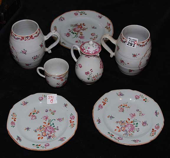 7 pieces of Chinese export incl;: demitasse cup, t: 7 pieces of Chinese export incl;: demitasse cup, tea pot, creamer, 2 bowls, 5 1/2" diameter, and pair of mugs