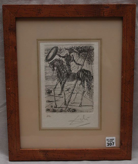 2 pieces framed Art- After Salvador Dali 20th Cent: 2 pieces framed Art- After Salvador Dali 20th Century Spain, one silvered picture of 3 nudes, one small etching print,