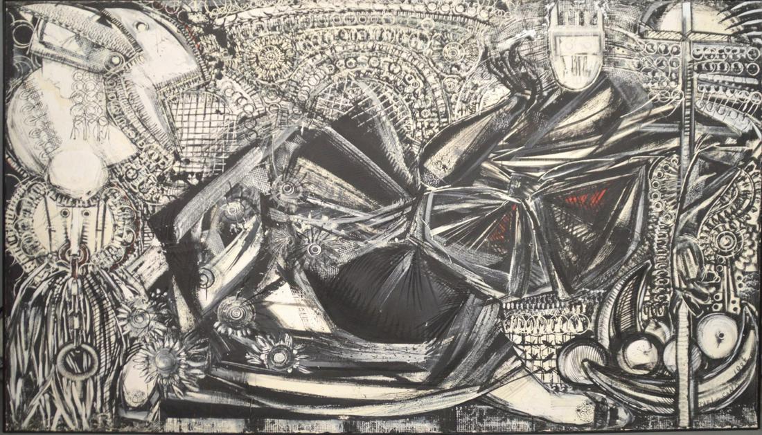 Pablo Cano (Havana b. 1961) . Theatre Painting 106 x 65: Pablo Cano (Havana b. 1961) .ACRYLIC PAINT AND BLACK INDIA INK on canvas, 106 x 65 inches- Black & White Theatre Painting. this a piece Cano made while he was an undergraduate student at Maryland Inst