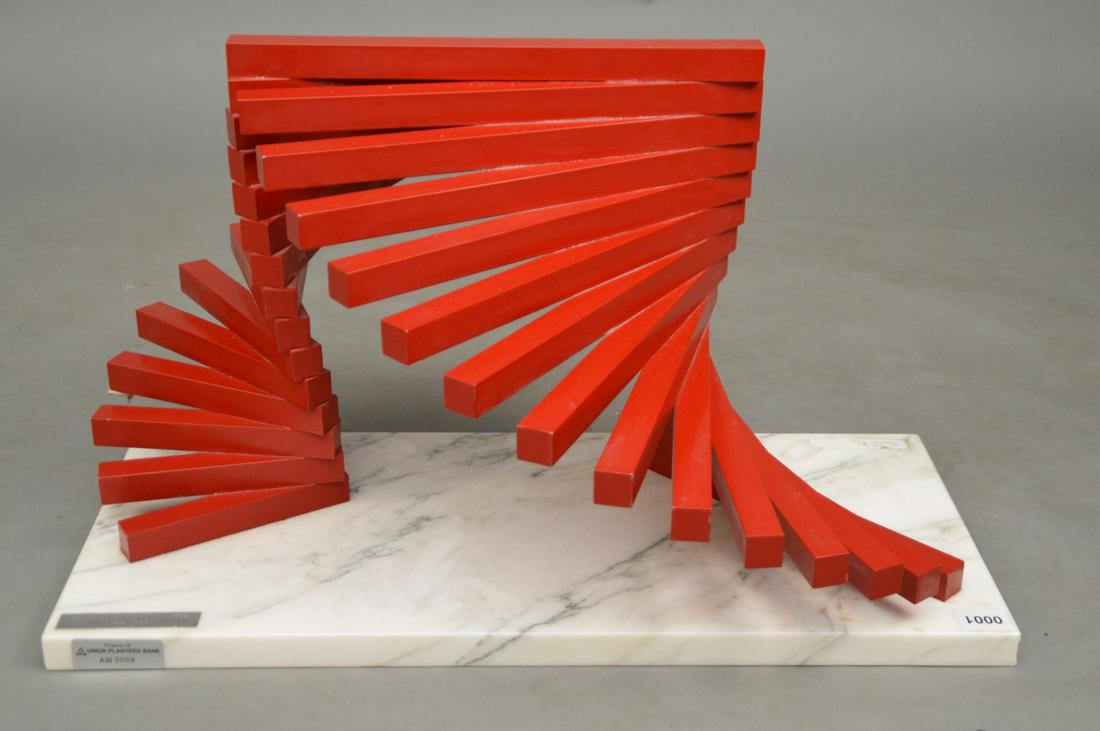 Aluminum Sculpture by Hal Kaye, painted red, on marble: Aluminum Sculpture by Hal Kaye, painted red, on marble base 17h x 27L inches
