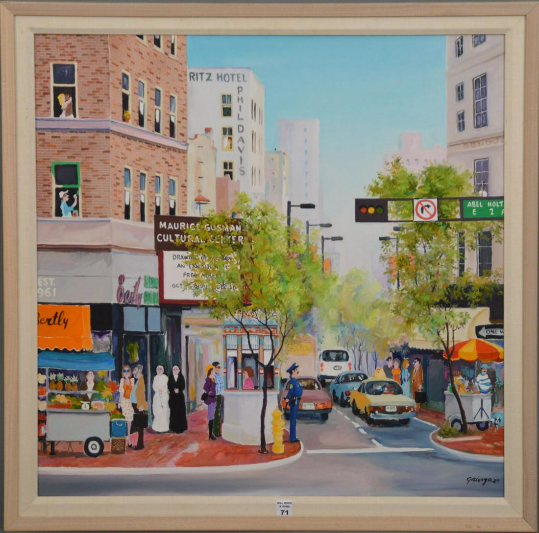Agustin Stewart Gainza (Cuban, 20th Century b. 1943): Agustin Stewart Gainza (Cuban, 20th Century b. 1943) Oil on canvas, Downtown Miami - 1989. Depicts Downtown Miami detail of Guzman Theatre. Signed and dated lower right, “Gianza, 89”. H. 30” x W