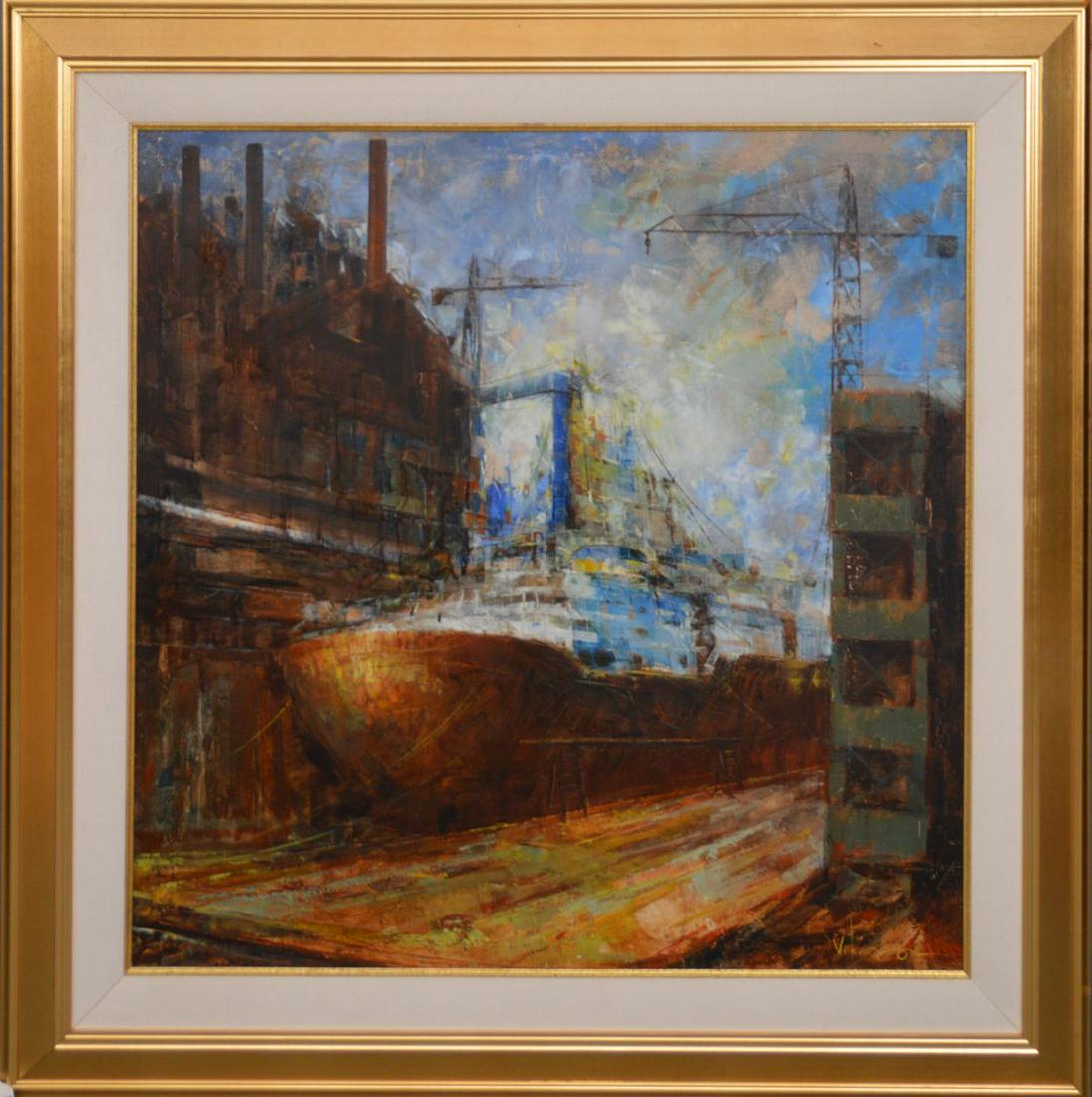20th Century Oil on canvas, Untitled Harbor Scene, (1 of 6)