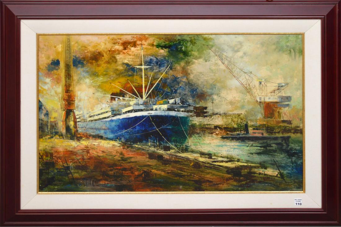 20th Century - Oil on canvas, Depicts harbor scene with (1 of 4)