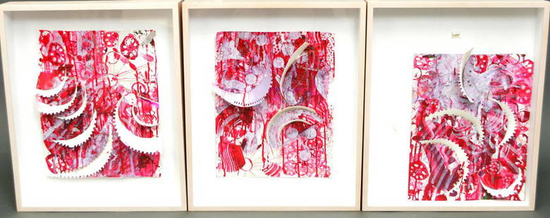 Tam Van Tran (born 1966) TRIPTIC 3 parts: Untitled: Tam Van Tran (born 1966) TRIPTIC 3 parts: Untitled -2004, Beet Juice, pigment, colored pencil, foil and staples on paper, sizes- 14 X 11, 14 X 12 & 16 X 11 inches. Cohan and Leslie NY Gallery label