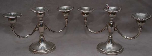 Pair "Marshall Field" weighted 3 light candelabra, : Pair "Marshall Field" weighted 3 light candelabra, 8 1/2"L x 5 1/2"h