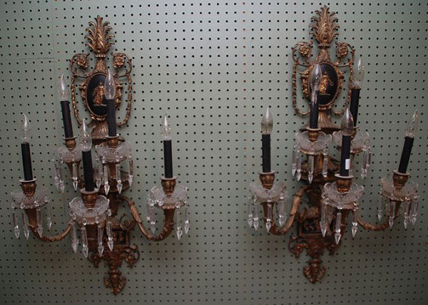 Pair 7 branch light bronze wall sconces with clas: Pair 7 branch light bronze wall sconces with classical motif, 34"h x 18"w