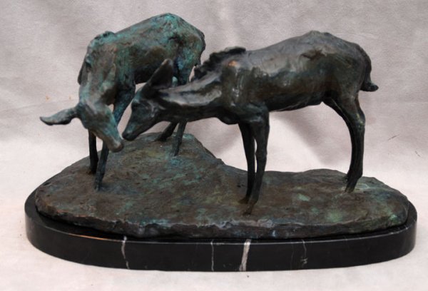 Bronze Sculpture Two Deer with marble base. Cond: Bronze Sculpture Two Deer with marble base. Condition: very good. Indistinctly signed. Lth. 15 1/2" Ht. 8 3/4"