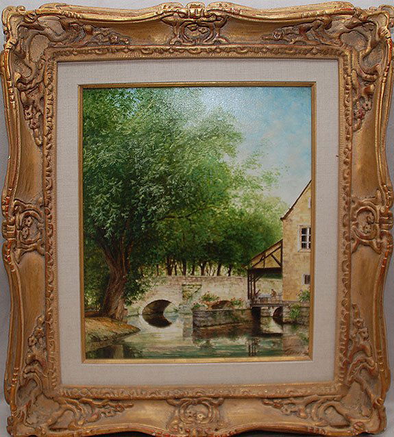 British School 20th century Signed Garner, oil Pai: British School 20th century Signed Garner, oil Painting on canvas, Trees and house and bridge over river, in gilt carved gallery frame, 18" x 15"