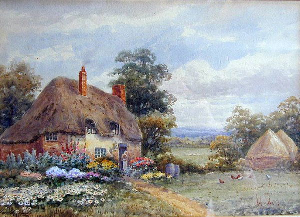 HAROLD LAWES (British 1885-1905) Watercolor, sgnd: HAROLD LAWES (British 1885-1905) Watercolor, sgnd & titled lower left, 10" x 14" sight, Victorian English floral cottage countryside w/ figures and roosters.