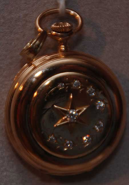 14 kt. Gold (with 8 Diamond) Patek Philippe & Co.: 14 kt. Gold (with 8 Diamond) Patek Philippe & Co. Geneve Pocket Watch, works & piece marked, 1-1/4"diameter