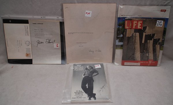 Misc. lot: James Stewart autograph letter on lette: Misc. lot: James Stewart autograph letter on letterhead, Jimmy O'Doul signature on his last time I saw Marilyn. Misc. TV guides w/ Marilyn on cover, Auction Catalog Hawkins gallery in Santa Monica 199