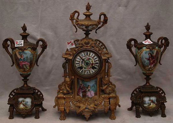 3 pc "Paris" garniture set, clock is 14"h, other 2: 3 pc "Paris" garniture set, clock is 14"h, other 2 pcs are 11"h