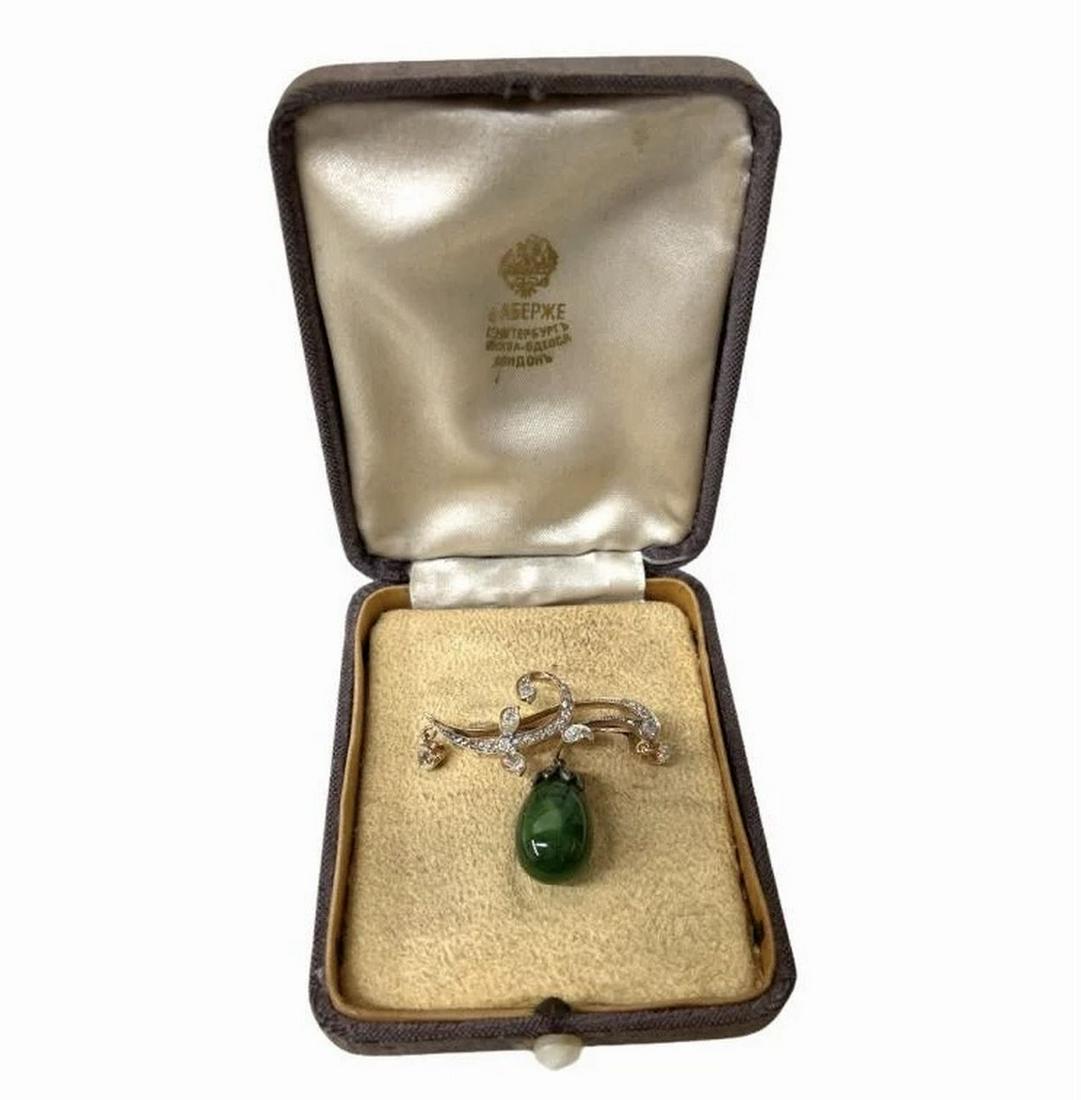 Russian Antique Gold Diamond Jade brooch pin Stamped EK (1 of 5)