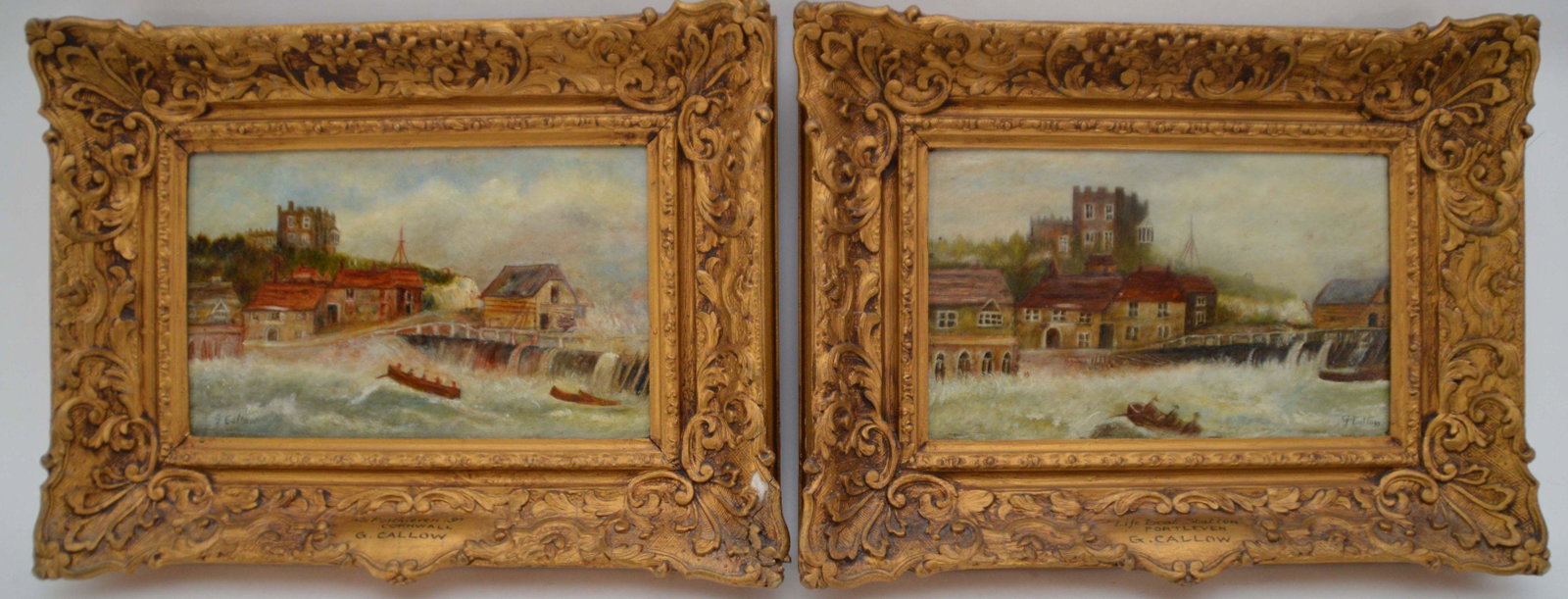 G.Callow (British 1858-1873) Oil on Board Paintings,: G.Callow (British 1858-1873) Oil on Board Paintings, Life Boat Station Portleven Cornwall. signed lower left, slight damage lower left, 6 1/2 x 10 1/2 inches