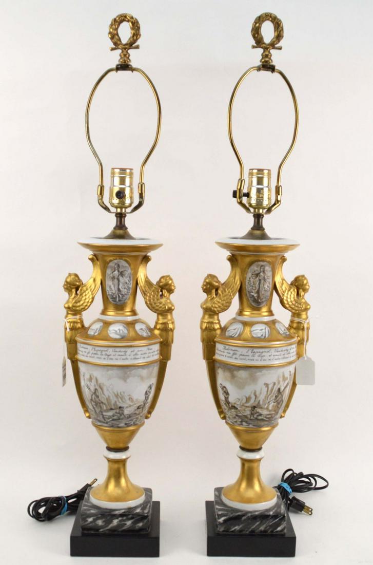 PAIR OF OLD PARIS PORCELAIN URN FORM LAMPS - French (1 of 11)