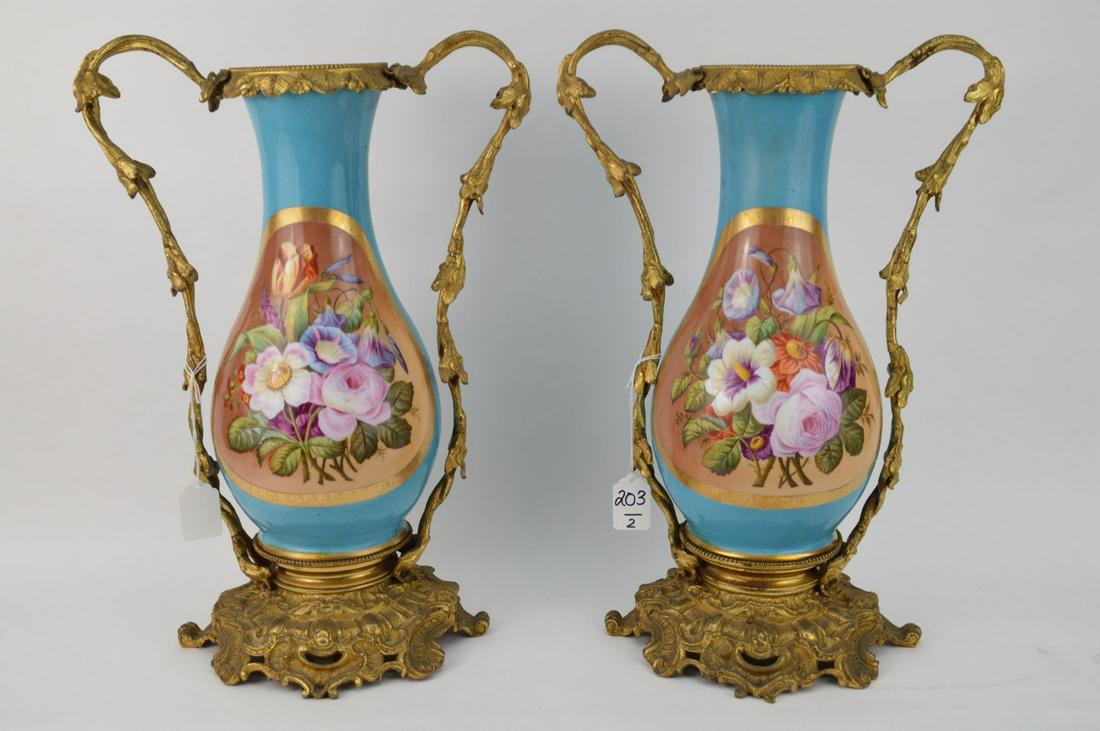 PAIR OF FRENCH PORCELAIN VASES W/ GILT BRONZE - Blue (1 of 10)