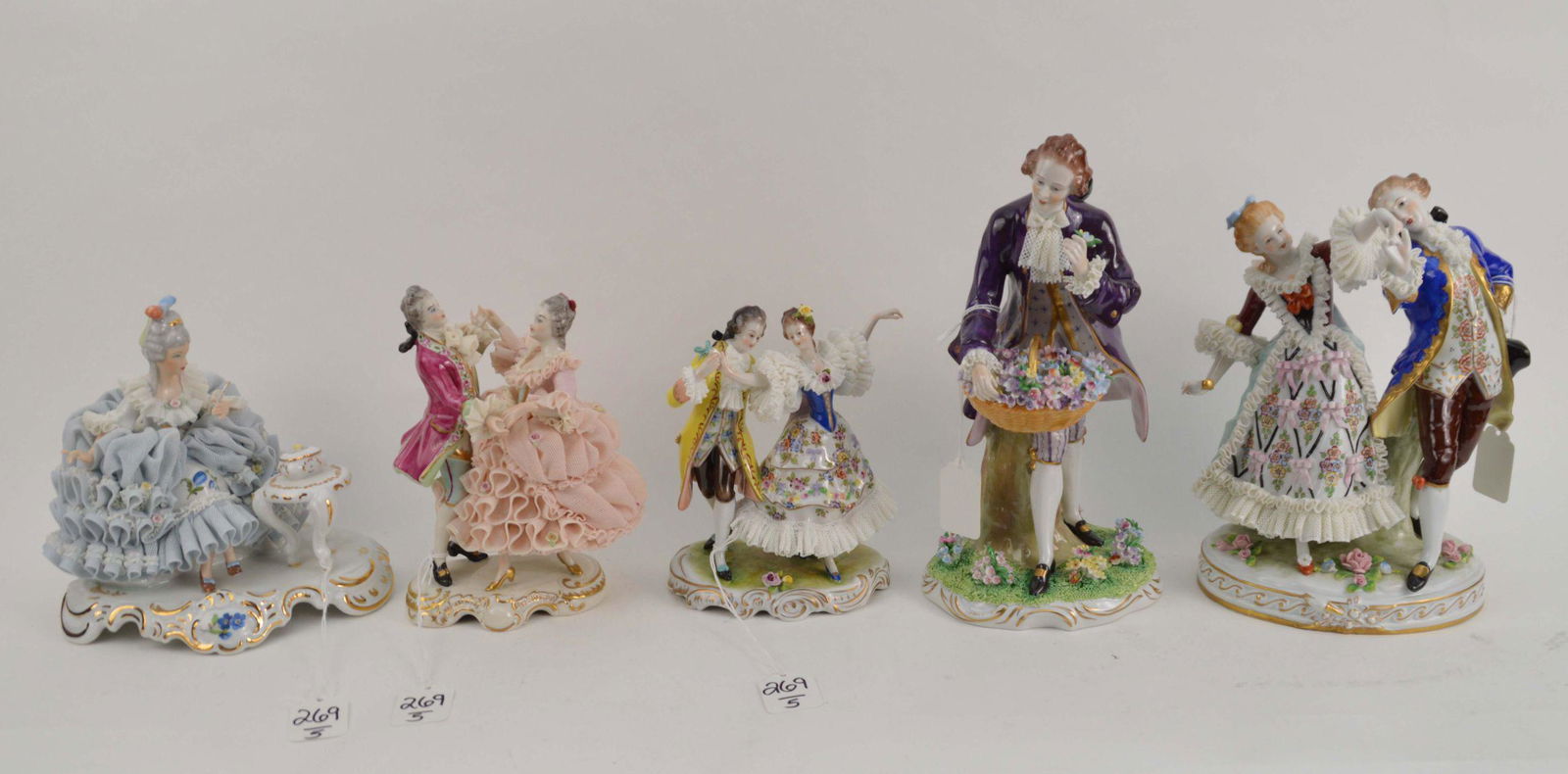 FIVE GERMAN DRESDEN LACE PORCELAIN FIGURAL GROUPS - (1 of 18)