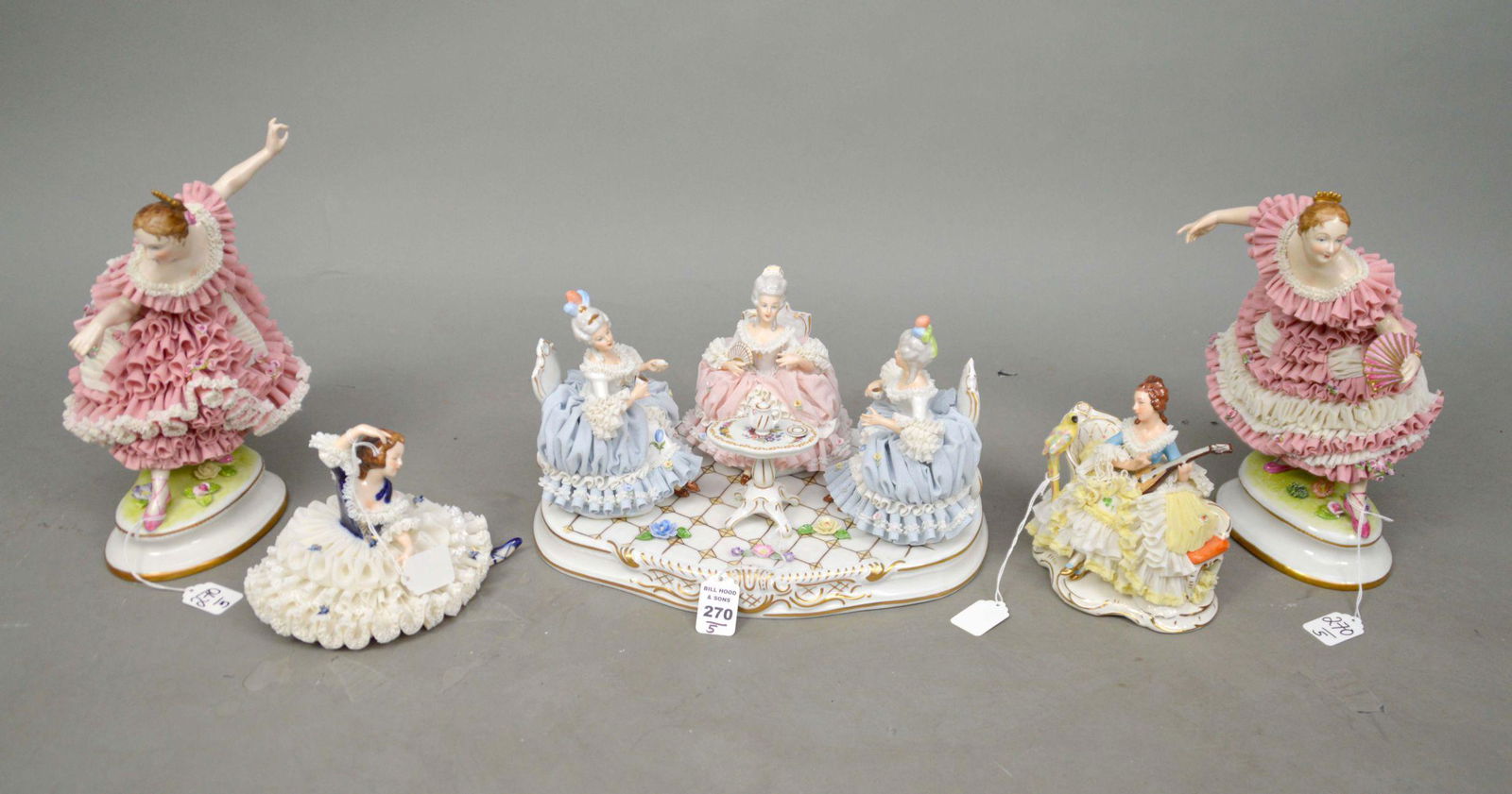 FIVE GERMAN DRESDEN LACE PORCELAIN FIGURAL GROUPS - (1 of 20)