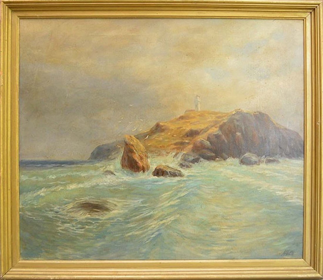 Russian Painting attributed to Lagorio, oil on canvas: Russian Painting attributed to Lagorio, oil on canvas, lighthouse on rocks, crashing waves, 22 x 25inches