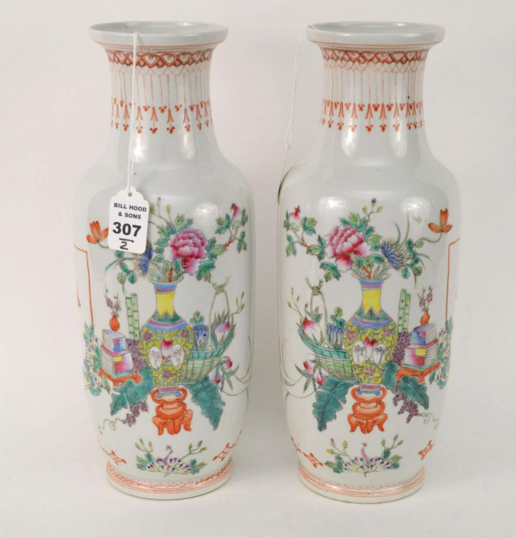 PAIR OF CHINESE FAMILLE ROSE PORCELAIN ROULEAU VASES - (1 of 6)