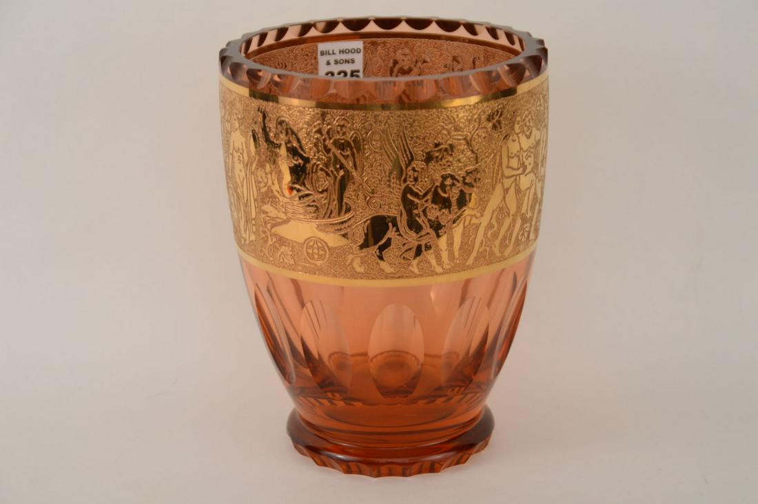 Vintage Moser Cut Faceted Amber Glass Vase with Wide: Vintage Moser Cut Faceted Amber Glass Vase with Wide Gold Encrusted Frieze with nude figures, 6 1/2" across top, 4 1/4" across base, good condition, vase is 8 1/2"h