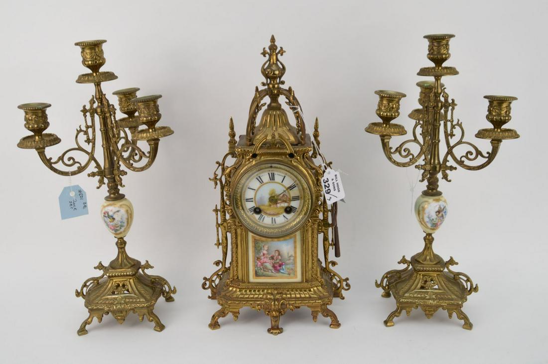 Vintage 3pc. Brass & Porcelain Clock Garniture Set, (1 of 12)