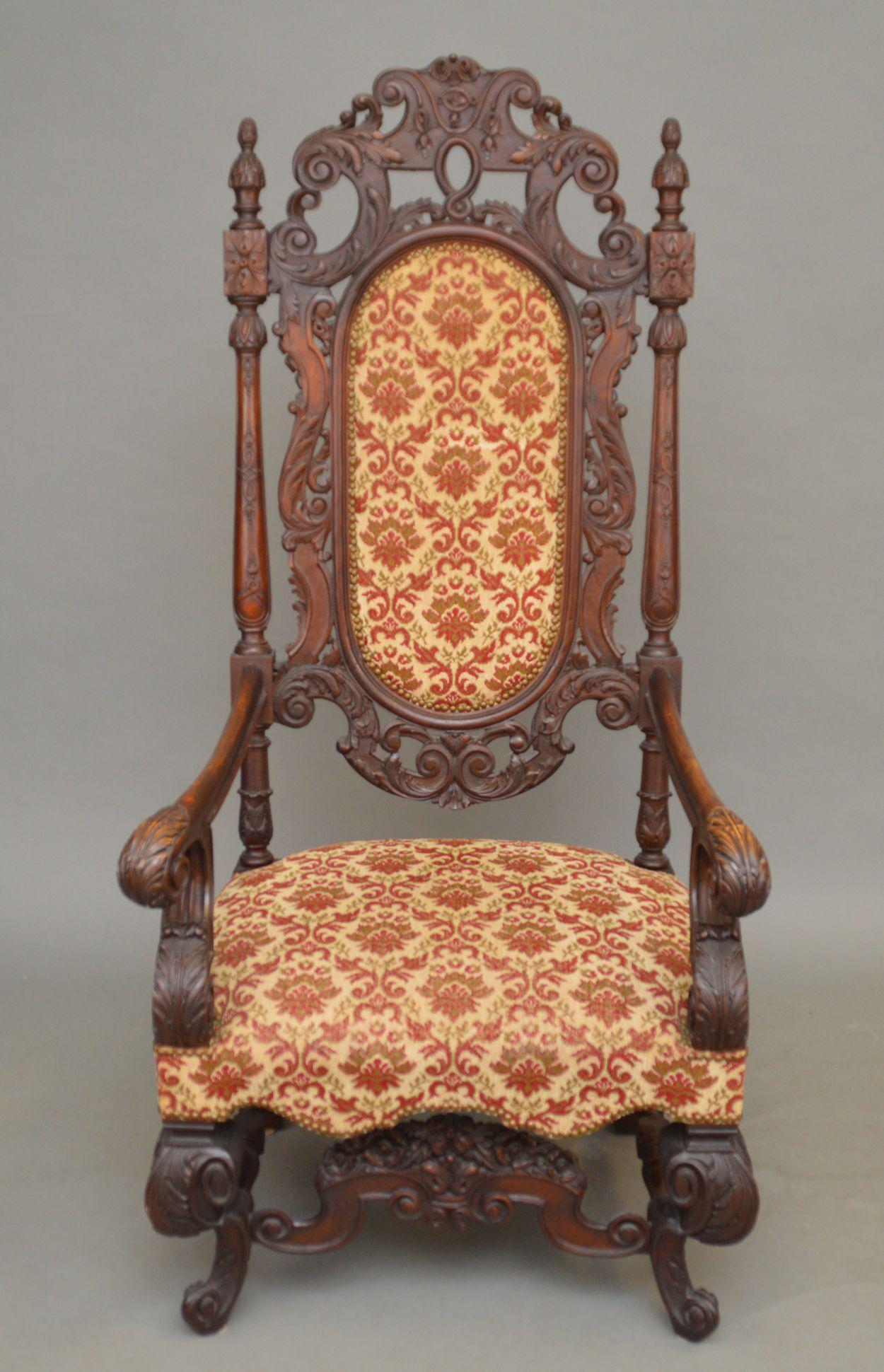 Single Heavily Carved and Upholstered Throne Chair, (1 of 6)