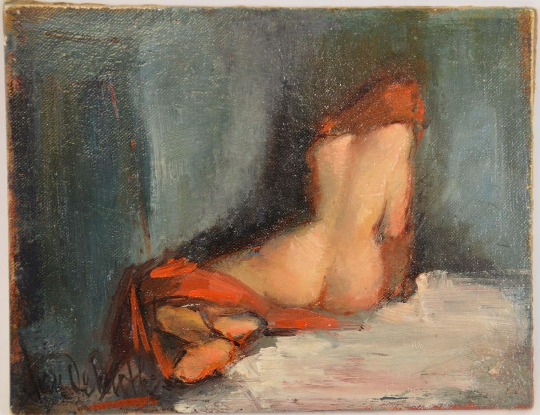 Jan de Ruth (AMERICAN/CZECH, 1922–1991) oil, nude, 6: Jan de Ruth (AMERICAN/CZECH, 1922–1991) oil, nude, 6 3/4 x 8 1/2 inches