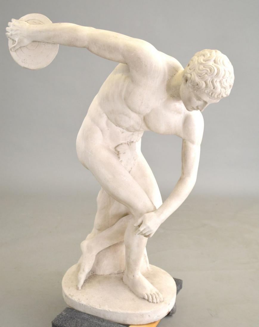 Grecian Garden Statuary Disk Thrower, 36 x 23. repair: Grecian Garden Statuary Disk Thrower, 36 x 23. repair to arm.