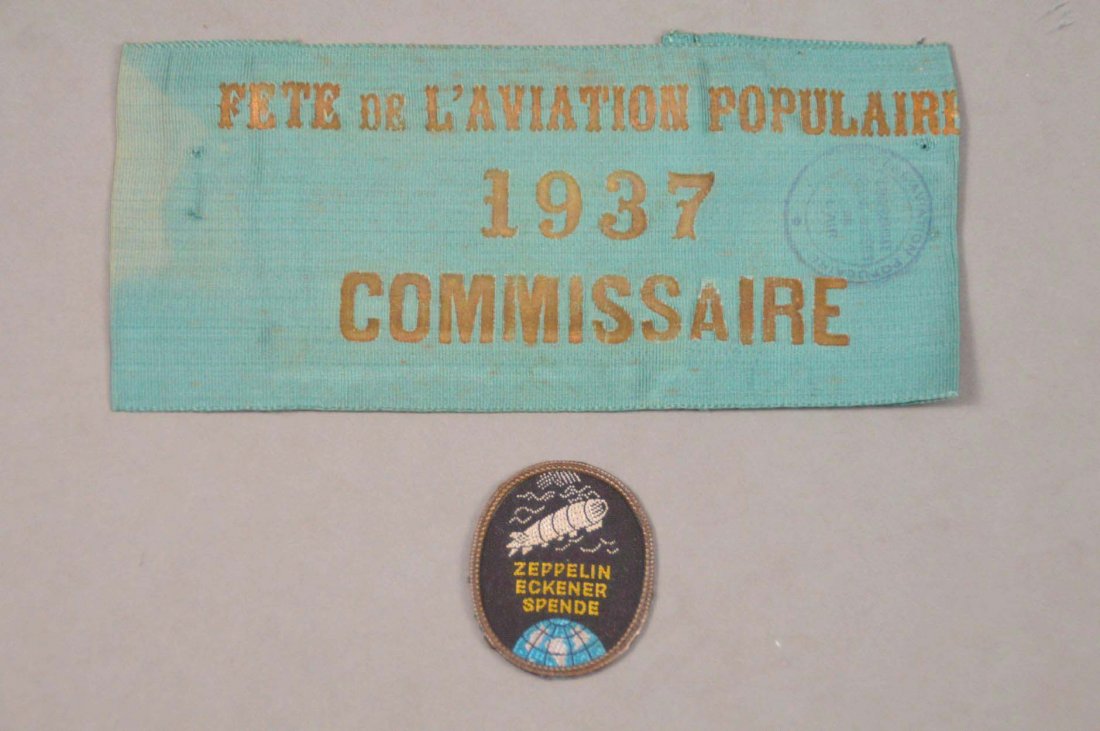 1937 French Silk Armband issued to the “Commissaire”: 1937 French Silk Armband issued to the “Commissaire” for the “Fete de L’Aviation Populaire” in 1937;Printed in gold lettering on green silk fabric; about 13” diameter including stretch ban
