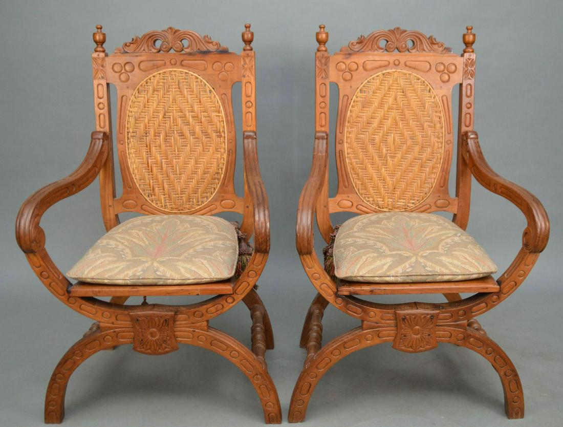 Pair Walnut 20th c. Carved and Caned Armchairs, seat (1 of 7)
