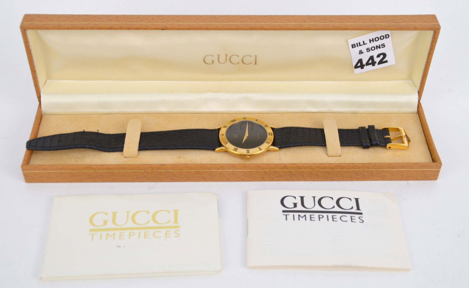 Vintage Men's Gucci Time Piece, original box & papers: Vintage Men's Gucci Time Piece, original box & papers (couple scratches on face)