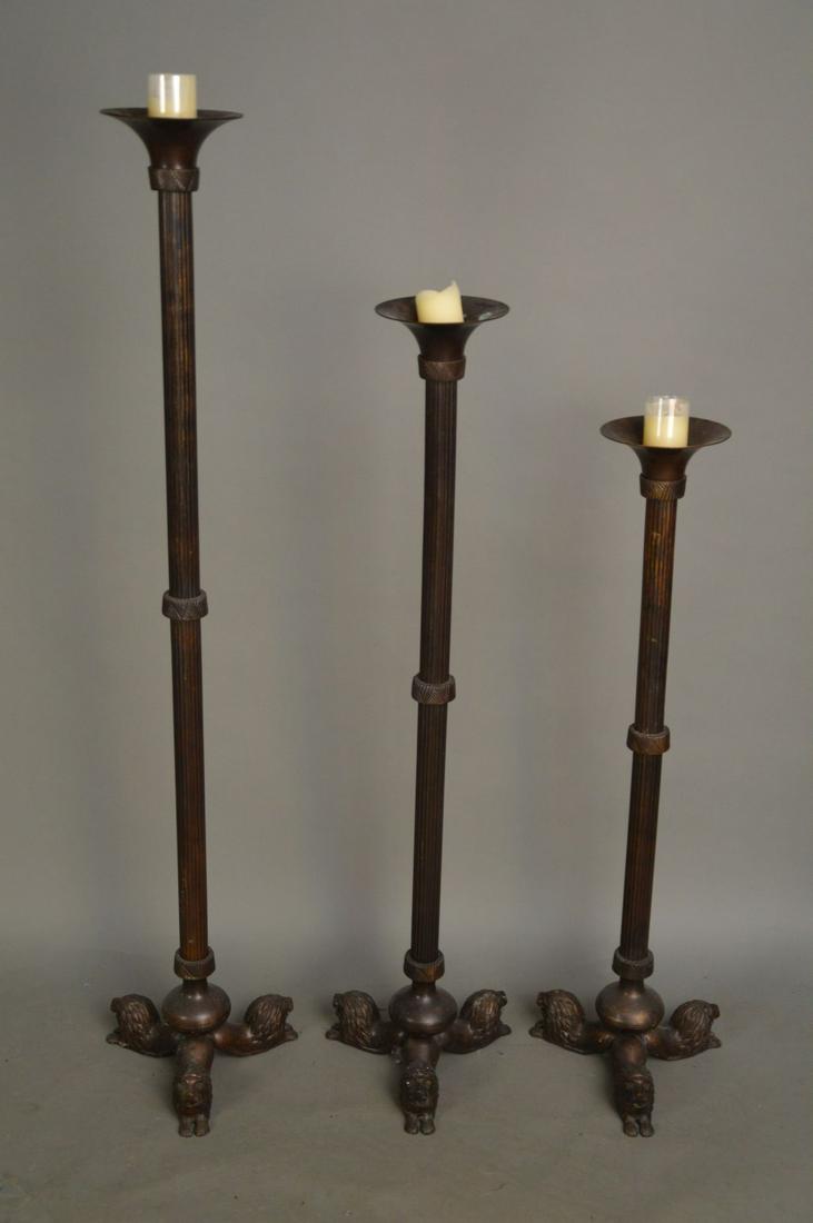 3 graduated reeded metal candlesticks, 35"h, 41"h and (1 of 3)