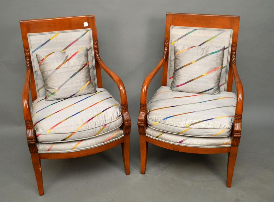 Pair Walnut Frame Arm Chairs, grey stripe silk (1 of 3)