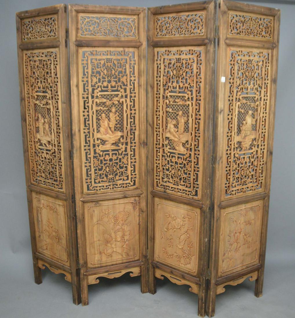 4 Panel Chinese Folding Screen, Carved Scenes Over (1 of 7)