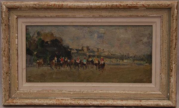 Gabriel Spat, 1890-1967, USA, oil on canvas board ": Gabriel Spat, 1890-1967, USA, oil on canvas board " Avant La Course, Longchamps, 4" x 9"