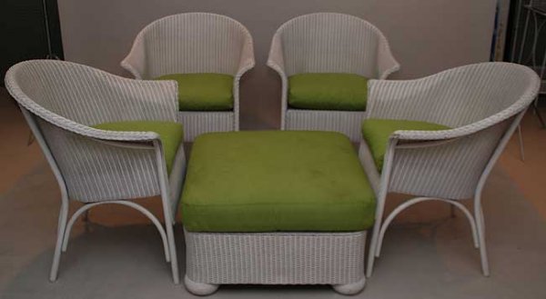 White wicker set; loveseat, 4 chairs, 1 ottoman, l: White wicker set; loveseat, 4 chairs, 1 ottoman, larger chair all with apple green cushions, excellent condition