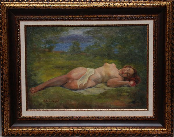 Painting signed Bruno Beghe mid 20th century oil on: Painting signed Bruno Beghe mid 20th century oil on canvas, Nude Study, 14" x 20"