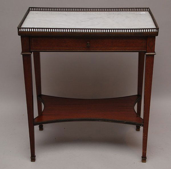 Mahogany side table marble top, brass galleried rim: Mahogany side table marble top, brass galleried rim, single drawer with lower shelf, 25"w x 15"d