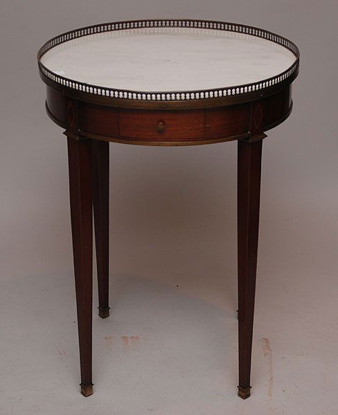 Round mahogany side table with marble top, brass ga: Round mahogany side table with marble top, brass galleried rim, single drawer, 22"d