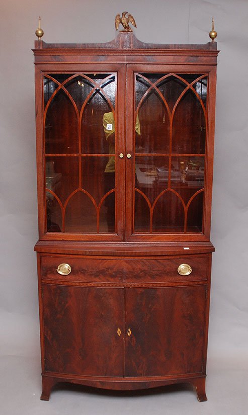 Mahogany china cabinet display cabinet above singl: Mahogany china cabinet display cabinet above single bowed drawer over 2 cabinet doors inlaid escutcheon